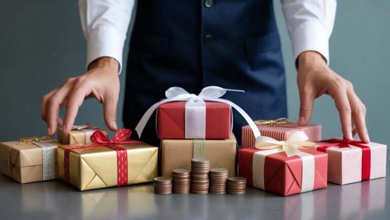 Realistiškos rankos iš arti išdėstytos įvairios, gražiai suvyniotos dovanų dėžutės ant švaraus paviršiaus, su subtilia monetų krūva, rodanti pelno strategiją.