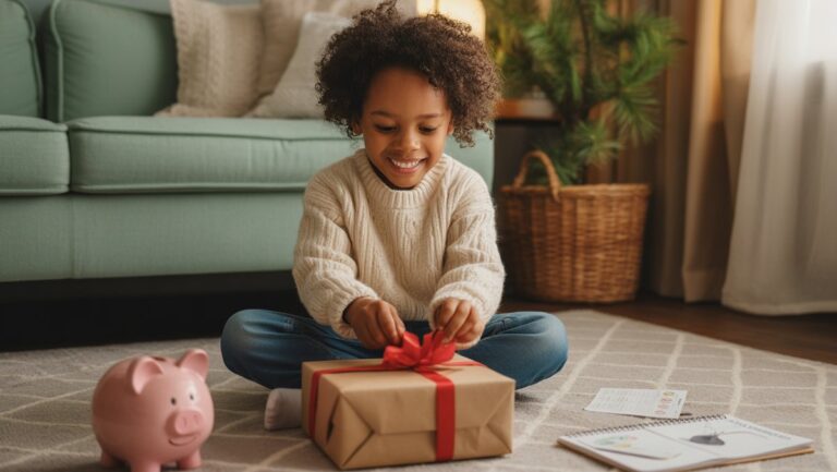 Realistiška vaiko nuotrauka džiaugsmingai išverčia kuklią dovaną, kurioje netoliese yra subtilus kiaulės banko ar biudžeto planuotojas, jaukioje namuose.