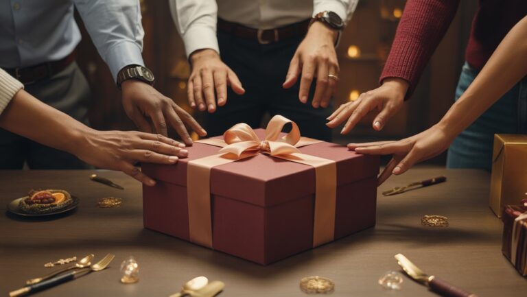 Realistiška, kai ant stalo yra įvairių rankų, kaupiančių išteklius aplink didelę, prabangią dovanų dėžutę. Šilta, bendradarbiaujanti ir kviečianti atmosfera.