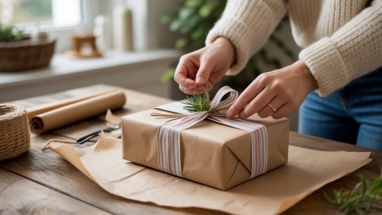 Realistiška rankų nuotrauka, kruopščiai apvyniojanti unikalią gimtadienio dovaną su kaimišku amatininku, natūraliais akcentais ir subtiliais juostelėmis ant jaukaus medinio stalo, minkšto lango lemputės.