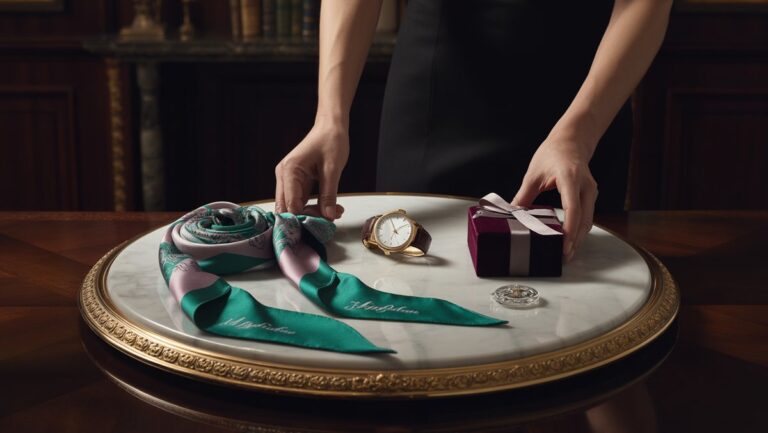 Realus vaizdas iš viršaus į apačią: rankos pridedamos prabangių dovanų daiktų prie jau gausaus, gražiai kuruojamos kolekcijos ant poliruoto ekrano.