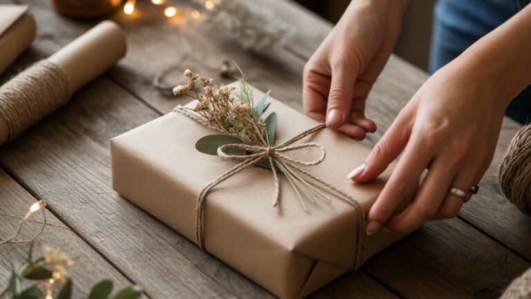 Realistiškas iš arti: rankos, kruopščiai apvyniojančios dovaną natūraliu „Kraft“ popieriumi, papuoštu virvėmis ir džiovintais botanikais, ant kaimiško medinio stalo, minkštos aplinkos šviesos.
