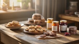 Realistiška gražiai išdėstytų naminių valgomų dovanų nuotrauka - sausainiai, uogienės, šokoladai - ant kaimiško medinio stalo, maudomi šiltoje, švelniai natūralioje šviesoje, jaukiai ir kviečiančioje.