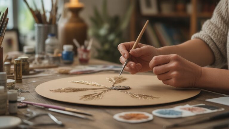 Išsamus realus rankų įvaizdis kruopščiai kaupia unikalią, nuoširdžią dovaną, apsuptą įvairių meno reikmenų šiltoje, minkštai apšviestoje namų studijoje.