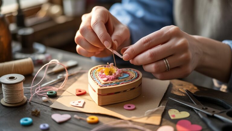 Realistiškas iš arti: rankos kruopščiai kaupia individualizuotą, širdies temą Valentino dienos dovaną, apsuptą įvairių amatų reikmenų, šiltos šviesos.