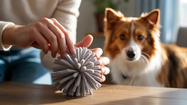 Realistiškas žmogaus rankų iš arti, švelniai kaupdamas unikalų naminių gyvūnėlių žaislą, kurio fone yra neryškus, smalsus šuo ar katė. Jauki, šilta šviesa.