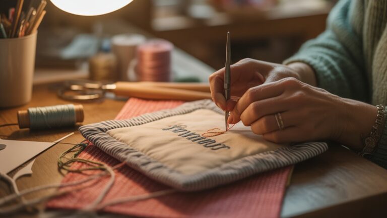 Realistiškos, iš arti iš arti siuvamos individualizuotos audinio dovana, apsupta spalvingų tekstilės ir amatų įrankių, maudomi šiltai, kviečiančiai šviesa.