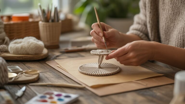 Realistiškas, iš arti esantis rankų kadras kruopščiai kaupia unikalią rankų darbo dovaną ant jaukaus medinio stalo, apsupto įperkamų amatų reikmenų, išsimaudytų minkšta, kviečiančia natūralia šviesa, iššaukianti šilumą ir asmeninę priežiūrą.