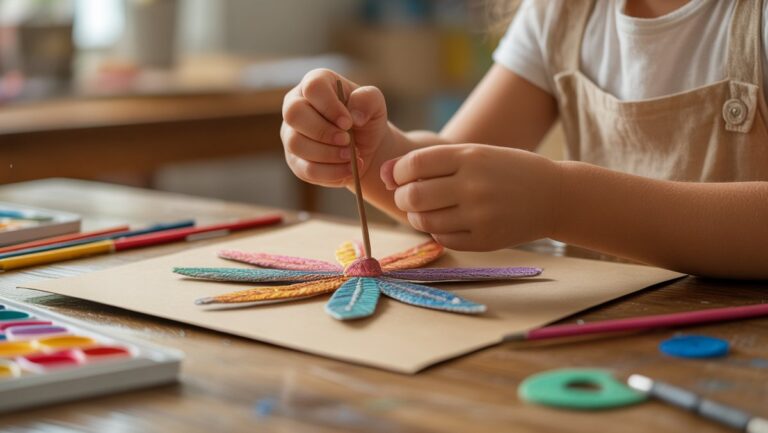 Realistiškas vaiko rankų iš arti, džiaugsmingai kaupdamas įnoringą, suasmenintą rankų darbo dovaną, apsuptą spalvingų meno reikmenų ant šilto medinio stalo, minkštos natūralios šviesos.