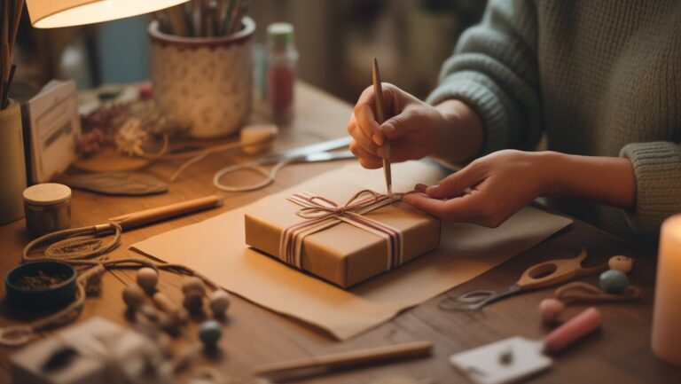 Rankos švelniai meistriškos nuoširdžios, suasmenintos rankų darbo dovanos ant šilto medinio stalo, apsuptas minkštos šviesos ir spalvingų amatų reikmenų. Realistas.