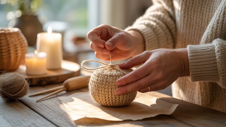 Realistiškas iš arti: suaugusiųjų rankos subtiliai kaupia nuoširdų, paprastą dovaną naudojant natūralias medžiagas, maudomas šiltai, minkštai, kviečiančioje šviesoje. Autentiška, jauki atmosfera.