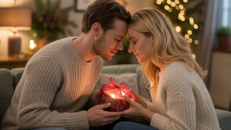 Realus, intymus mylinčios poros portretas, švelniai apsikeičiantis gražiai sukurta romantiška dovana, šilta aplinkos šviesa, jauki namų aplinka, minkštas dėmesys.