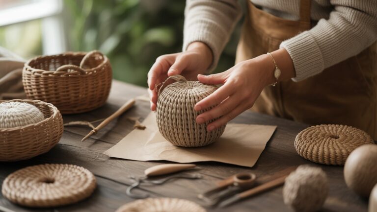 Realistiška scena: Švelnios rankos, kuriomis meistriškai tvaraus tvaraus dovana iš natūralių medžiagų, apsuptas kitų unikalių rankų darbo daiktų ant kaimiško medinio stalo, minkšta natūrali šviesa.