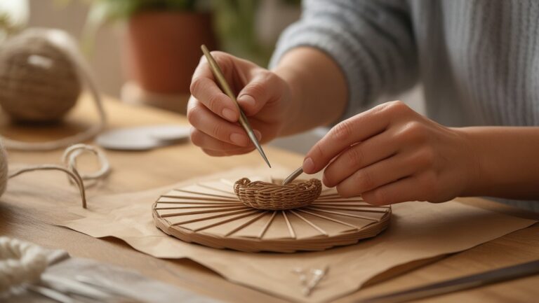 Realus elegantiškų rankas, meiliai meiliai kaupdamas unikalią, suasmenintą rankų darbo dovaną ant šilto medinio paviršiaus, apsuptas subtilių amatų medžiagų, minkšta natūrali šviesa.