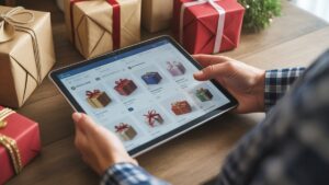 Realistiškas: asmens rankos užtikrintai palygina internetines gražiai suvyniotų dovanų dėžučių asortimento internetines kainas ant planšetinio kompiuterio, užfiksuodamos strateginių, taupančių biudžetinių parduotuvių esmę.