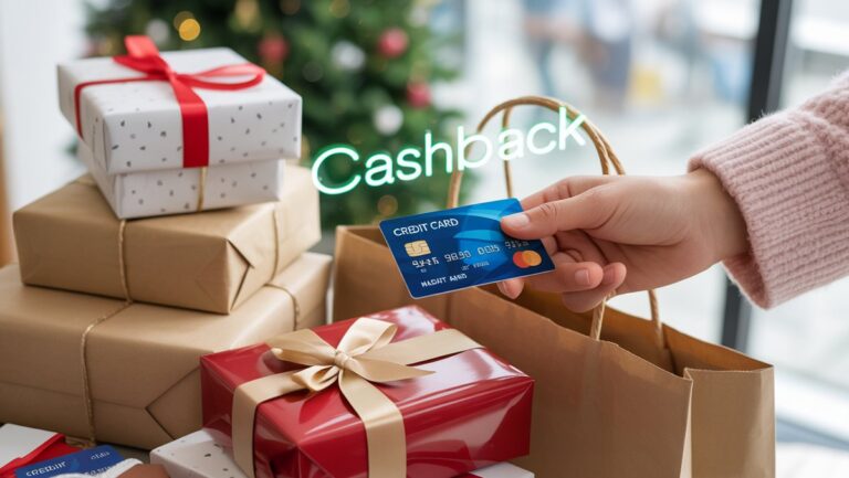 Realistiškas: ranka, turinti kreditinę kortelę per įvyniojamas dovanas ir pirkinių krepšius su subtiliomis skaitmeninėmis grynųjų pinigų perdangomis, perteikdama intelektualią, atlygio dovanų pirkimą, ryškios mažmeninės prekybos aplinkybes.