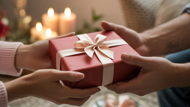 Realus dviejų rankų rinkinių įvaizdis, švelniai apsikeičiantis gražiai suvyniota jubiliejaus dovana, šiltas spindesys, švelnus dėmesys, sentimentali nuotaika.