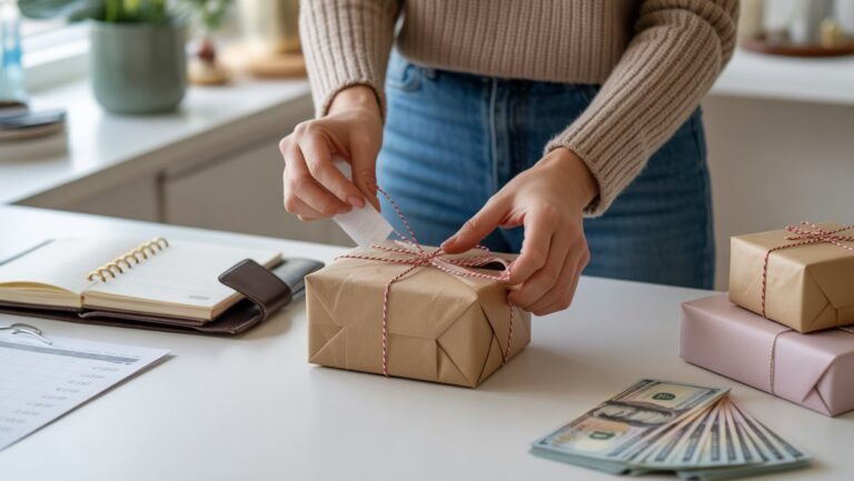 Realus, akies lygio vaizdas iš rankų kruopščiai apvyniojant kuklią dovaną, tvarkingai organizuotą finansų planuotoją ir grynuosius pinigus, matomus ant švaraus stalo.