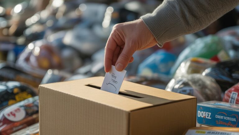 Realus rankos iš arti, švelniai prisidedant prie labdaros dėžutės, apsupta minkštos šviesos, kontrastuojančios su subtiliai neryškiu pernelyg didelių vartojimo prekių fonu.