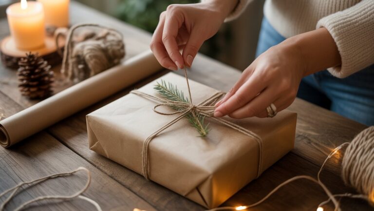 Realistiška: rankos dailiai įvyniojant dovaną su pakartotinai rudu popieriumi, natūralia virve ir mažomis tvariomis dekoracijomis ant kaimiško medinio stalo, jaukios šviesos.