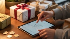 Realistiška scena: Asmens rankos efektyviai planuoja dovanų biudžetą planšetiniame kompiuteryje, apsuptas elegantiškai paprastų dovanų daiktų ir kelios monetos ant šilto medinio stalo.