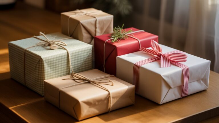 Realistiška nedidelės įvairios, apgalvotai apvyniotų biudžeto dovanų kolekcija ant šilto medinio paviršiaus, maudomas minkštu, kviečiančiu šviesa.