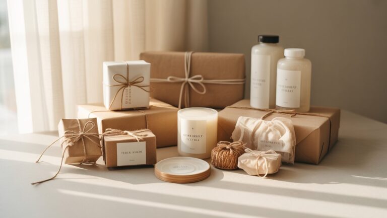 Realistiškas plokščias įvairių, stilingų, tačiau biudžetinių dovanų kolekcijos, kuriai gražiai išdėstytos minimalistiniame paviršiuje, minkštoje natūralioje šviesoje. Šilti tonai.