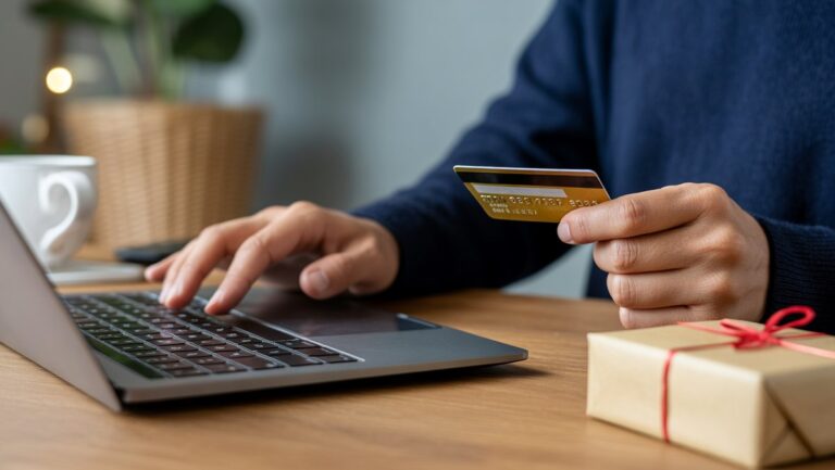 Realus rankų įvaizdis saugiai užpildo internetinį dovanų pirkimą nešiojamajame kompiuteryje su kreditine kortele ir apvyniota netoliese.