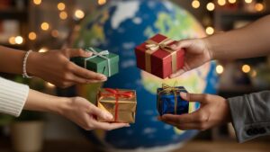 Realus įvairių rankų iš arti, keičiantis įvairiomis kultūriškai skirtingomis dovanomis į švelniai neryškų pasaulinį foną, šiltą aplinkos šviesą, profesionalią fotografiją.