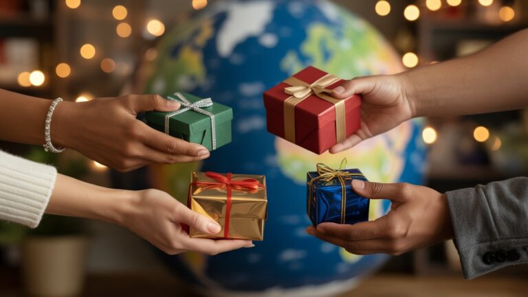 Realus įvairių rankų iš arti, keičiantis įvairiomis kultūriškai skirtingomis dovanomis į švelniai neryškų pasaulinį foną, šiltą aplinkos šviesą, profesionalią fotografiją.