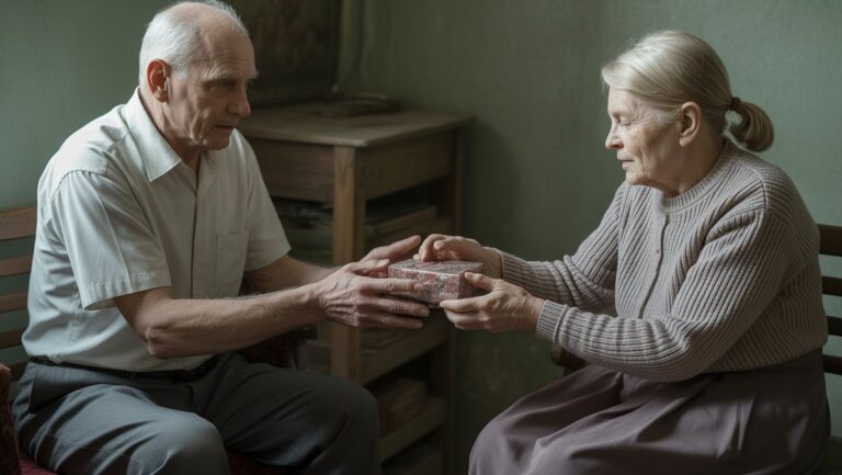 Realistiška nuotrauka: Pagyvenusios Lietuvos rankos, keičiančios mažą, nuolankią dovaną silpnai apšviestoje, griežtoje sovietmečio kambaryje, perteikiant ramią atsparumą ir modifikuotas tradicijas.