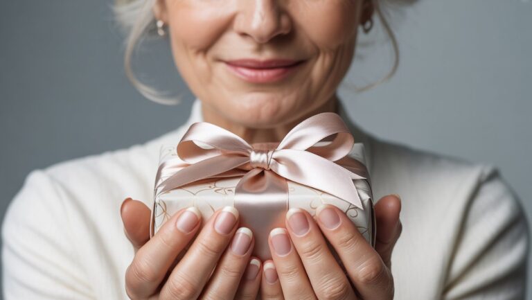 Realistiškas rankų iš arti suvyniota dovana, žmogaus mandagi šypsena, subtiliai kontrastuojanti su mąstančiu, dvejojančiu žvilgsniu.