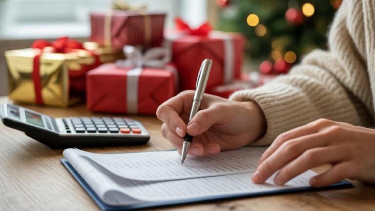 Realistiškas rankų iš arti, kruopščiai rašant dovanų sąrašą, skaičiuoklę ir tvarkingai suvyniotą dovanas, kurios neryškios fone, šilta natūrali šviesa.