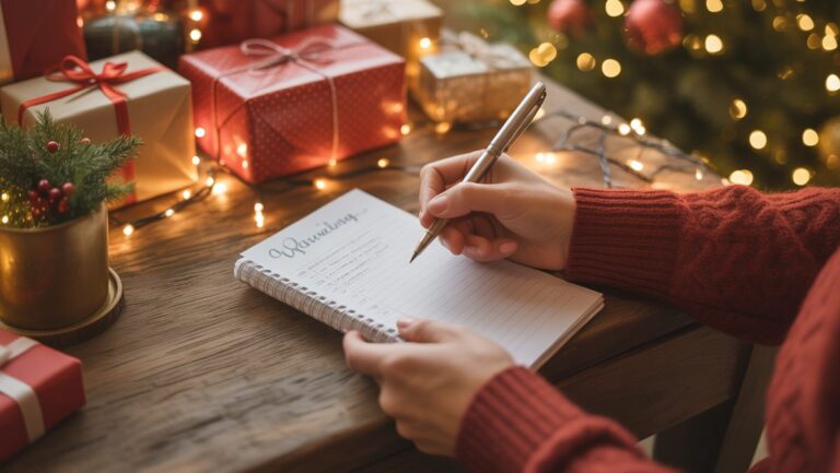 Realistiška, šilta, jauki rankų scena kruopščiai biudžetu su rašikliu ir užrašų knygele, apsupta švelniai neryškių kalėdinių žibintų ir apvyniotų dovanų.