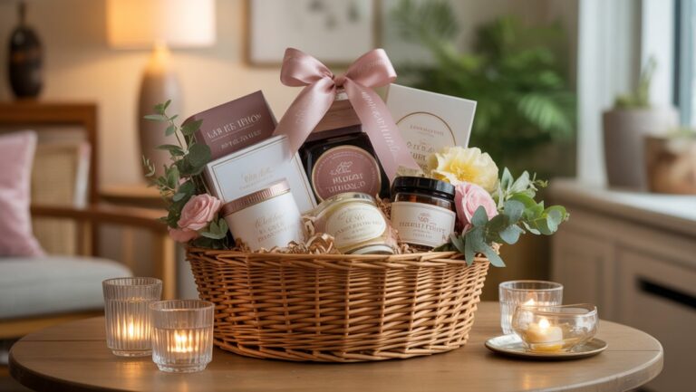 Realistiška gražiai kuruojamo dovanų krepšio nuotrauka, perpildyta įvairių daiktų, elegantiškai apvyniotų juostele, ant šilto medinio stalo. Minkšta natūrali šviesa, kviečianti atmosfera.