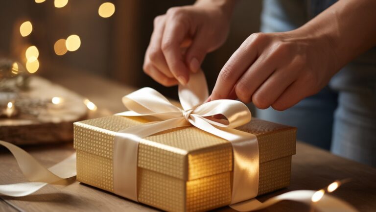 Realistiškas žmogaus rankų kadras švelniai pašalinant šilko juostelę ant gražiai tekstūruotos dovanų dėžutės, šilta aplinkos šviesa, minkštas boke.