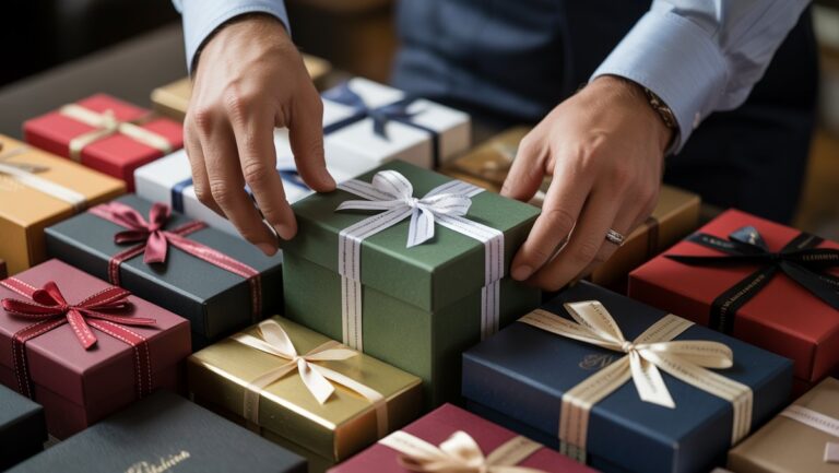 Realistiškas rankų iš arti, kruopščiai sutvarkyti įvairialypę prabangių firminių dovanų dėžučių kolekciją, pabrėžiant nuoseklią pakuotę ir elegantišką pristatymą.