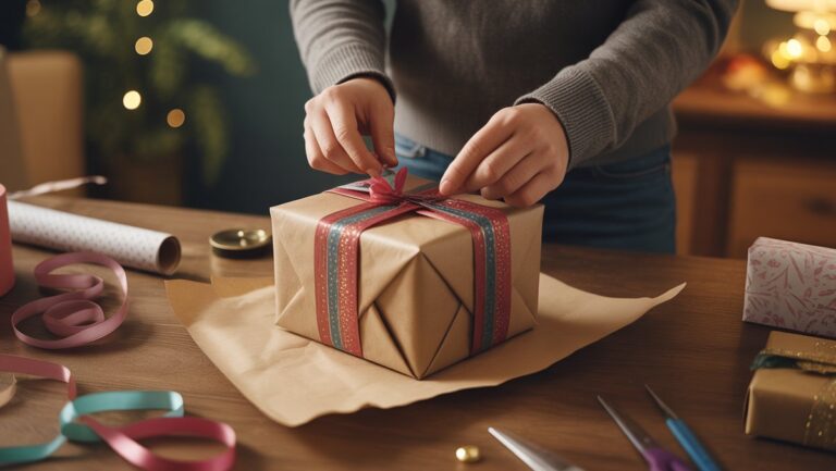 Realus rankų iš arti apvyniojant sudėtingą, neįprastai suformuotą dovaną su elegantišku popieriumi ir juostele, apsupta spalvingų atsargų ant šilto medinio stalo.