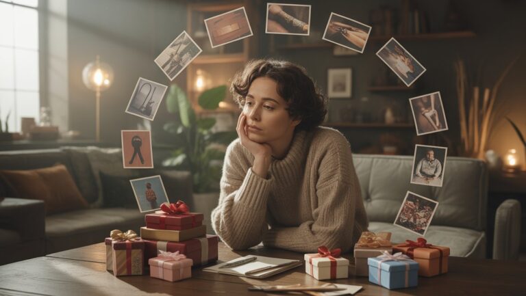 Realus vaizdas: apgalvotas žmogus švelniai svarstė įvairias dovanų galimybes, apsuptas subtilių simbolinių elementų, atspindinčių įvairius pomėgius ir pomėgius. Šilta, kviečianti šviesa.