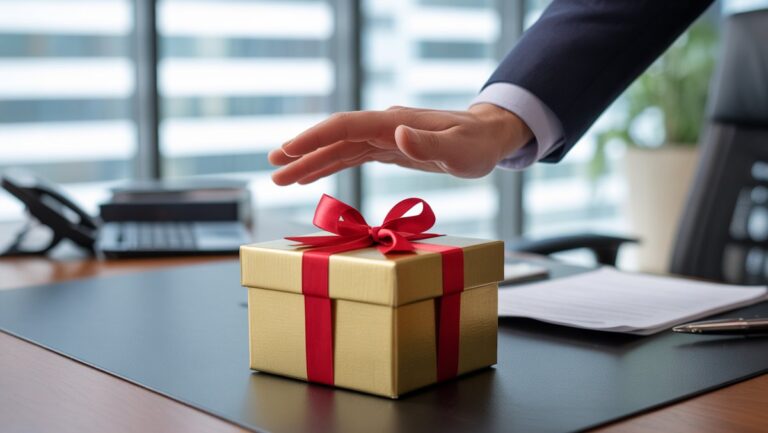 Realistiška: profesionali ranka švelniai atsisako elegantiškos dovanų dėžutės ant šiuolaikinio biuro stalo, simbolizuojančios etinius aspektus ir profesionalias ribas.