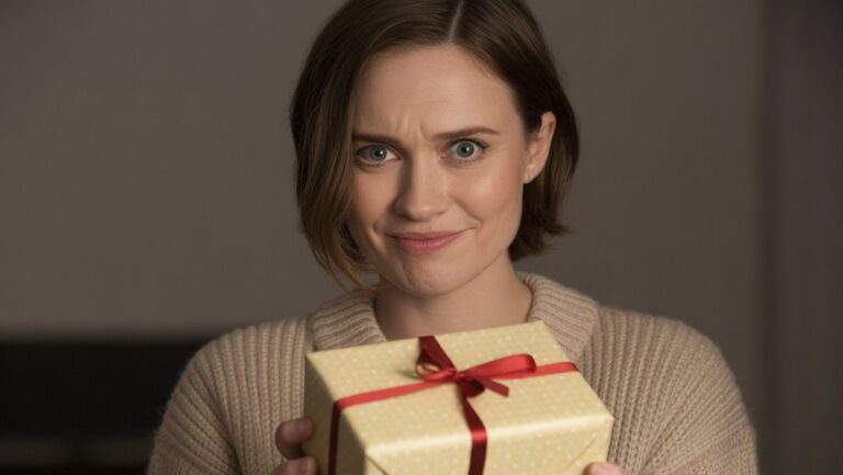 Realus šūvis: žmogus, turintis subtilią, priverstinę šypseną ir menką akį praplečiant, laikydamas akivaizdžiai nesutampa, atidarytą dovaną. Minkštas apšvietimas.