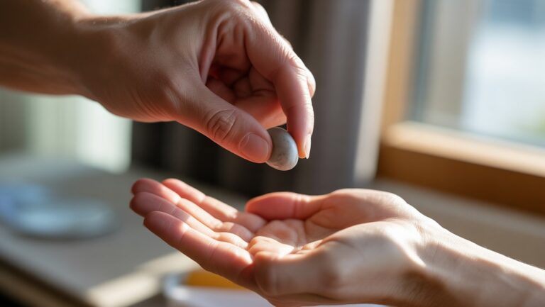 Šiltas, tikroviškas švelnios rankos iš arti, prailginant mažą, lygų, poliruotą komforto akmenį kitoje rankoje, minkšta natūrali šviesa.