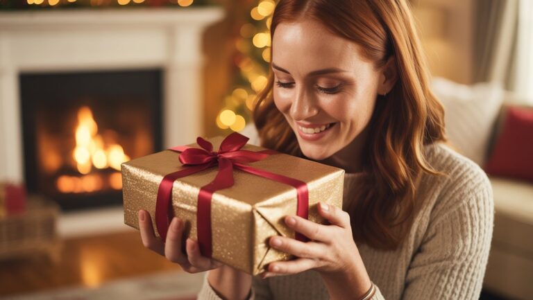 Realistiška žmogaus, spinduliuojančio nuoširdų dėkingumą, nuotrauka, švelniai gaudama gražiai suvyniotą dovaną, minkštą, šiltą šviesą.