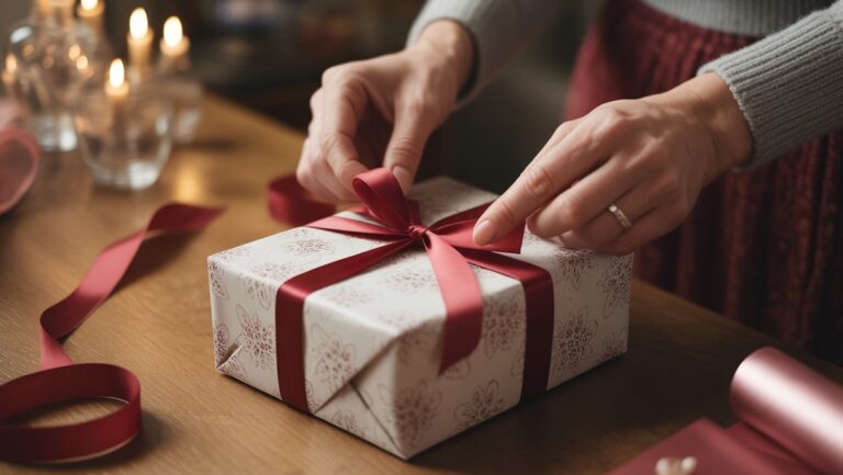 Iš arti, elegantiškos rankos kruopščiai įvyniojant estetiškai tobulą dovaną su šilko juostele ir dekoratyviniu popieriumi ant šilto medinio paviršiaus. Realistas.
