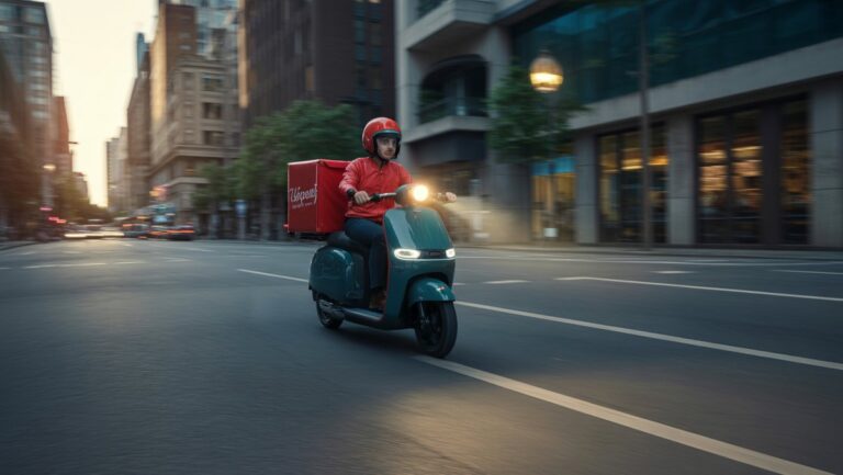 Greitas pristatymo motoroleris arba mikroautobusas greitis per šiuolaikišką „Dusk“ miestą, priekinis žibintas, apšviečiantis gerai matomą skubų dovanų paketą, realistišką.