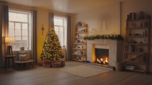 Šilta, tikroviška kalėdinė scena erdvėje, kviečiančioje namuose, demonstruojanti keletą aukštos kokybės, praktinių daiktų, subtiliai sustiprinančių šventinį komfortą ir funkcionalumą, platus kadras, natūrali auksinė šviesa.