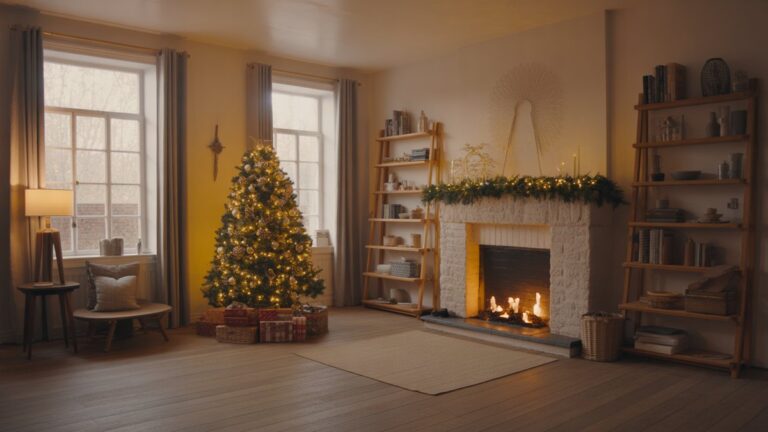 Šilta, tikroviška kalėdinė scena erdvėje, kviečiančioje namuose, demonstruojanti keletą aukštos kokybės, praktinių daiktų, subtiliai sustiprinančių šventinį komfortą ir funkcionalumą, platus kadras, natūrali auksinė šviesa.