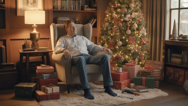 Tėvas, atsipalaidavęs savo mėgstamame fotelyje, apsuptas apgalvotai parinktų kalėdinių dovanų, įskaitant knygas, įrankius ir pomėgių daiktus, šiltą atostogų apšvietimą iš dekoruoto medžio, fotorealistinės šventinės scenos su jaukia atmosfera.