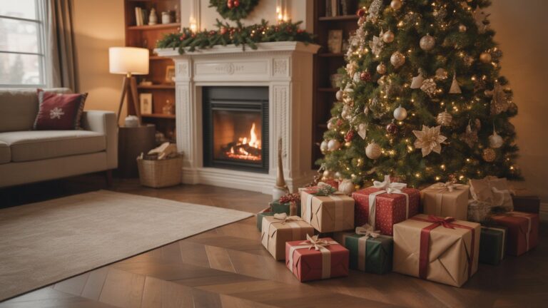 Šventinė kalėdinė scena su apvyniotomis dovanomis vyriškomis spalvomis, išsibarsčiusiomis po dekoruotu medžiu, jauki svetainė su židinio spindesiu, tikroviška atostogų atmosfera, šiltas auksinis apšvietimas.