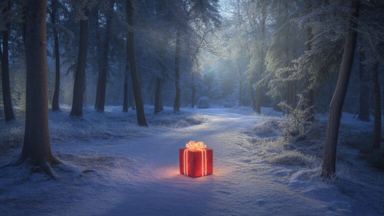 Stebuklingas, žvilgantis kelias, vedantis per šaltį pabučiantį mišką link tolimos, švytinčios, gražiai apvyniotos kalėdinės dovanos, eterinės žiemos šviesos, fotorealistinės, plačios kadro.